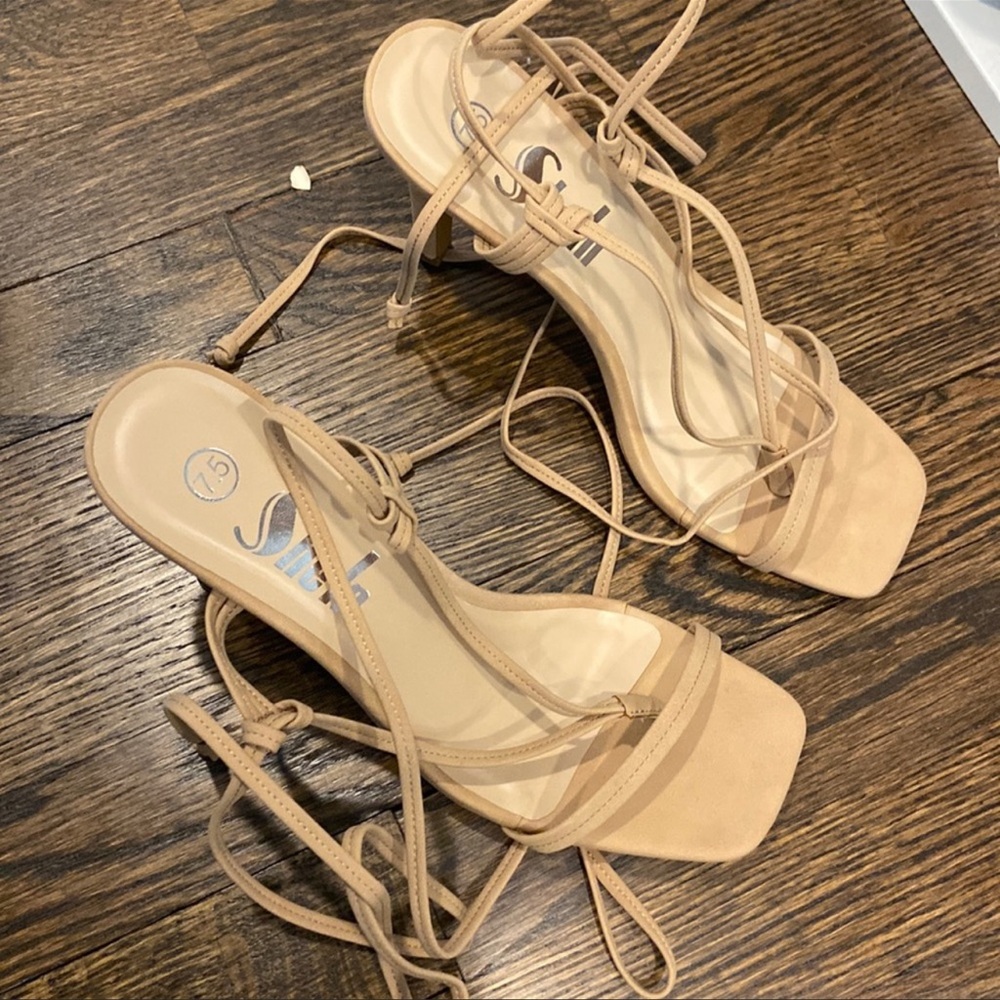 SOLD tan tie up heels